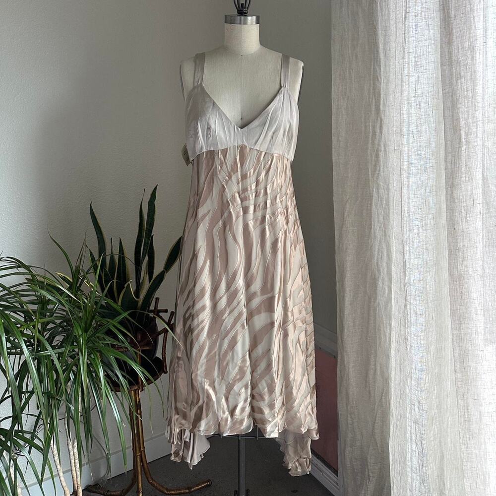Women’s L Dress Champagne Silk Zebra Burnout Asymmetrical Tiered Gown Jacquard